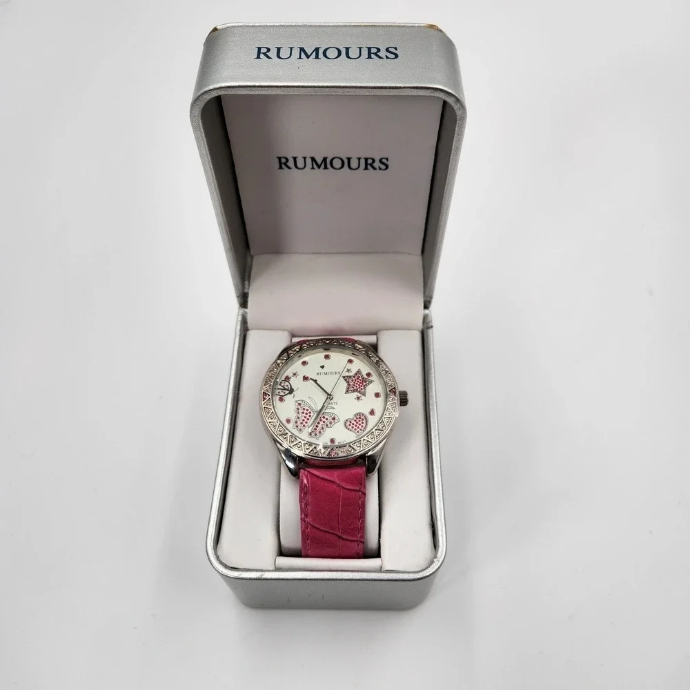 Rumours Watch Women's Pink Band Rhinestones Butterfly Stars Hearts New As Is